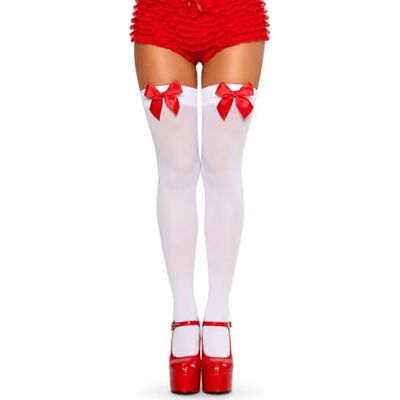 Leg Avenue Nylon Thigh Highs With Bow, één maat (wit rood) Leg Avenue Nylon Thigh Highs With Bow, één maat (wit rood)