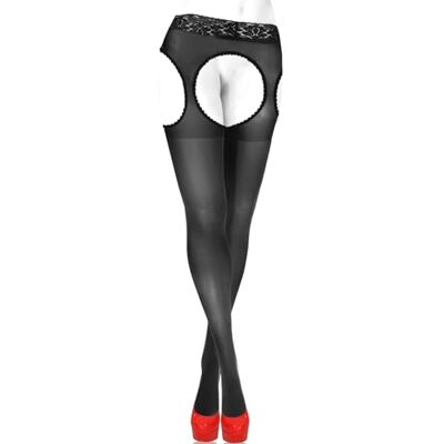 sesto senso Panty met bandjes, open kruis, kanten kousenband riem, 15 denier, zwart. S sesto senso Panty met bandjes, open kruis, kanten kousenband riem, 15 denier, zwart. S