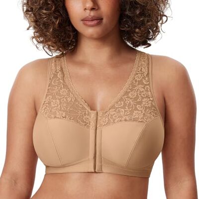 DELIMIRA Dames Bh's Met Voorsluiting Racerback Plus Maat Volledige Dekking Draadloze Bh Lace Sans Armature, Grande Taille, Dos Nageur, Dentelle, Femme 95C DELIMIRA Dames Bh's Met Voorsluiting Racerback Plus Maat Volledige Dekking Draadloze Bh Lace Sans Armature, Grande Taille, Dos Nageur, Dentelle, Femme 95C