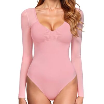 GJY Sexy bodysuit voor dames, V-hals, lange mouwen van mesh, open rug, bodyshaping shirt, eendelige jumpsuit, geschikt voor uitgaan, Schattig roze, M M GJY Sexy bodysuit voor dames, V-hals, lange mouwen van mesh, open rug, bodyshaping shirt, eendelige jumpsuit, geschikt voor uitgaan, Schattig roze, M M