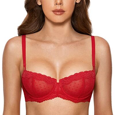DOBREVA Dames balconette beha met beugel push up Dirndl kant sexy grote maten ongevoerd beha, lippenstift, 85B 85B DOBREVA Dames balconette beha met beugel push up Dirndl kant sexy grote maten ongevoerd beha, lippenstift, 85B 85B