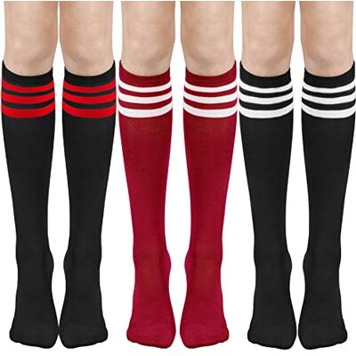 DRESHOW 3 paar hoge sokken voor dames, lange kniekousen, kniekousen, drievoudig gestreept, rekbaar, 3 paar knieën hoog Set34-02 Taille unique DRESHOW 3 paar hoge sokken voor dames, lange kniekousen, kniekousen, drievoudig gestreept, rekbaar, 3 paar knieën hoog Set34-02 Taille unique