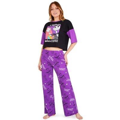 Disney Lange pyjamaset van ademend katoen voor dames, Paars/Zwart Jack M Disney Lange pyjamaset van ademend katoen voor dames, Paars/Zwart Jack M