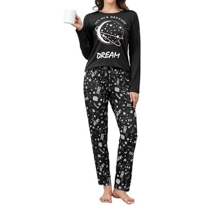 Reliwel Pyjama voor dames, katoen, bedrukt, loungewear, T-shirt met lange mouwen, borstzak en pyjamabroek, ronde hals, knuffelige pyjamaset, XL XL Reliwel Pyjama voor dames, katoen, bedrukt, loungewear, T-shirt met lange mouwen, borstzak en pyjamabroek, ronde hals, knuffelige pyjamaset, XL XL