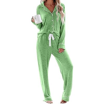 Aamikast Lange damespyjama met knoopsluiting, 2-delig, Groen meer, XL XL Aamikast Lange damespyjama met knoopsluiting, 2-delig, Groen meer, XL XL