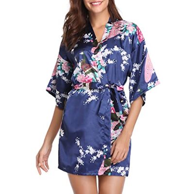 Vlazom Dames Ochtendjas Kimono Satijn Robe Korte Nachtkleding V-hals Badjas met Riem, Stijl B-blauw, M M Vlazom Dames Ochtendjas Kimono Satijn Robe Korte Nachtkleding V-hals Badjas met Riem, Stijl B-blauw, M M