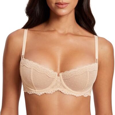 DOBREVA Vrouwen Sexy Kant Ongevoerd Onderdraad Balconet Doorzien Sheer BH Transparant, met beugel, converteerbare bandjes, comfort 90B DOBREVA Vrouwen Sexy Kant Ongevoerd Onderdraad Balconet Doorzien Sheer BH Transparant, met beugel, converteerbare bandjes, comfort 90B