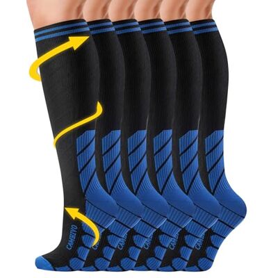 CAMBIVO Compressiekousen voor dames en heren, 3 paar, compressiekousen 20-30 mmHg, hoge sokken voor bloedcirculatie, hardlopen, vliegreizen, sport, hardlopen, verpleegster, Zwart/Blauw XXL CAMBIVO Compressiekousen voor dames en heren, 3 paar, compressiekousen 20-30 mmHg, hoge sokken voor bloedcirculatie, hardlopen, vliegreizen, sport, hardlopen, verpleegster, Zwart/Blauw XXL