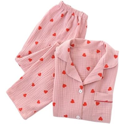 MANGGUO Dames revers pyjama set perzik hart patroon casual katoenen pyjama set lange mouwen tops broek zachte nachtkleding loungewear M MANGGUO Dames revers pyjama set perzik hart patroon casual katoenen pyjama set lange mouwen tops broek zachte nachtkleding loungewear M