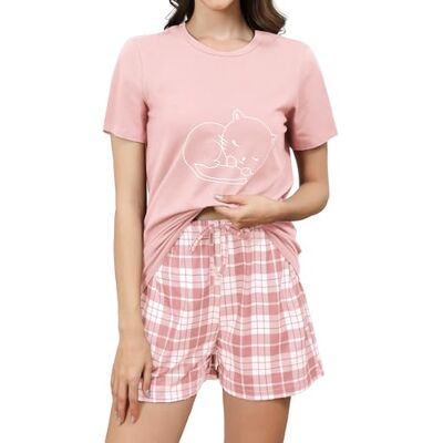 Reliwel Pyjama voor dames, katoen, kort, pyjamaset, korte mouwen, ronde hals en shorts, nachtkleding met zakken, comfortabel, zacht, ademend, A-roos, L L Reliwel Pyjama voor dames, katoen, kort, pyjamaset, korte mouwen, ronde hals en shorts, nachtkleding met zakken, comfortabel, zacht, ademend, A-roos, L L