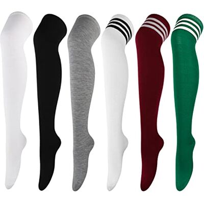 DRESHOW 6 paar hoge sokken, hoge kniekousen, lange dijbeensokken, kniekousen, top startkousen, beenwarmers voor meisjes en vrouwen, 6 paar H: wit, grijs, zwart, bordeaux, groen, Eén maat Eén maat DRESHOW 6 paar hoge sokken, hoge kniekousen, lange dijbeensokken, kniekousen, top startkousen, beenwarmers voor meisjes en vrouwen, 6 paar H: wit, grijs, zwart, bordeaux, groen, Eén maat Eén maat