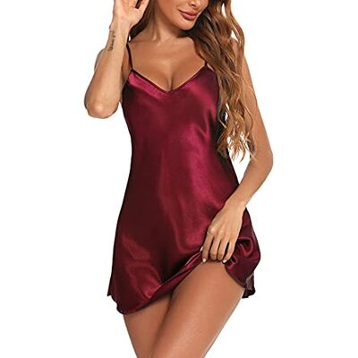 Litherday Babydoll Satijn Vrouwen V-hals Nachthemd Effen Kleur Sling Nachthemd Sling Babydoll, Rode wijn M Litherday Babydoll Satijn Vrouwen V-hals Nachthemd Effen Kleur Sling Nachthemd Sling Babydoll, Rode wijn M