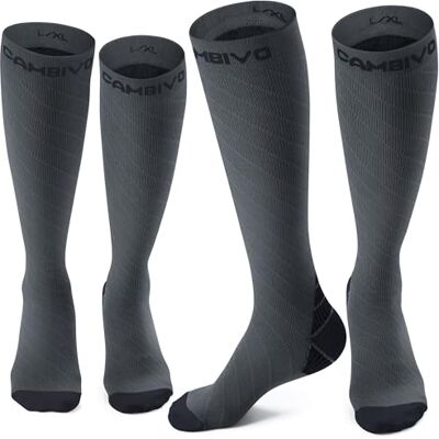 CAMBIVO 2 paar compressiekousen voor dames en heren, 20-30 mmHg compressiekousen, circulatiekousen voor sport, hardlopen, voetbal, reizen in het vliegtuig, Grijs & Zwart XXL CAMBIVO 2 paar compressiekousen voor dames en heren, 20-30 mmHg compressiekousen, circulatiekousen voor sport, hardlopen, voetbal, reizen in het vliegtuig, Grijs & Zwart XXL