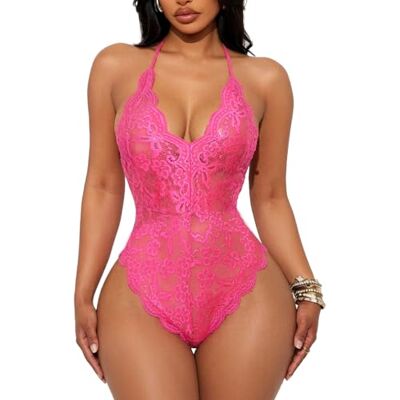 Buitifo Dames bodysuit uit één stuk kanten babydoll halter mini teddy lingerie V-hals lingerie, Roze Type 1 S Buitifo Dames bodysuit uit één stuk kanten babydoll halter mini teddy lingerie V-hals lingerie, Roze Type 1 S