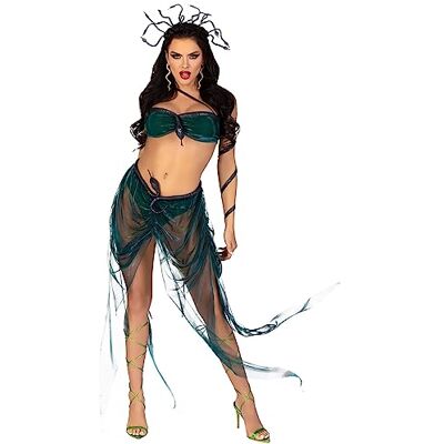 Leg Avenue 4 stuks Medusa, inclusief iriserende asymmetrische beha met gevuld snake-accent, rok met geïntegreerd in panty en smalle taille, armwrap en bedraad glitter snake hoofdband Leg Avenue 4 stuks Medusa, inclusief iriserende asymmetrische beha met gevuld snake-accent, rok met geïntegreerd in panty en smalle taille, armwrap en bedraad glitter snake hoofdband