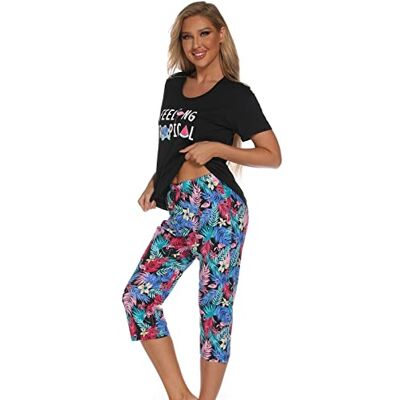 Misscoo Mouwloze pyjamaset voor vrouwen en meisjes, katoenen capribroek voor lente en zomer, #7 M Misscoo Mouwloze pyjamaset voor vrouwen en meisjes, katoenen capribroek voor lente en zomer, #7 M