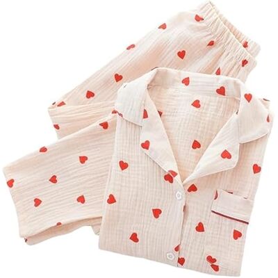 MANGGUO Dames casual katoenen pyjama set met lange mouwen perzik hart patroon L MANGGUO Dames casual katoenen pyjama set met lange mouwen perzik hart patroon L