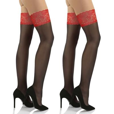 sesto senso Sexy kanten kousen voor dames, 15 denier, Set van 2 Zwart met rood kant XS-S sesto senso Sexy kanten kousen voor dames, 15 denier, Set van 2 Zwart met rood kant XS-S