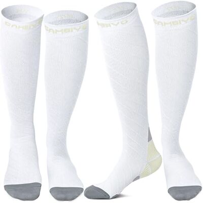 CAMBIVO 2 paar compressiekousen voor dames en heren, 20-30 mmHg compressiekousen, circulatiekousen voor sport, hardlopen, voetbal, reizen in het vliegtuig, Wit & Grijs S-M CAMBIVO 2 paar compressiekousen voor dames en heren, 20-30 mmHg compressiekousen, circulatiekousen voor sport, hardlopen, voetbal, reizen in het vliegtuig, Wit & Grijs S-M