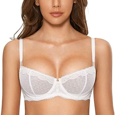 DOBREVA Vrouwen Sexy Kant Ongevoerd Onderdraad Balconette See Through Sheer Bra, Kleur: wit, 95F 95F DOBREVA Vrouwen Sexy Kant Ongevoerd Onderdraad Balconette See Through Sheer Bra, Kleur: wit, 95F 95F