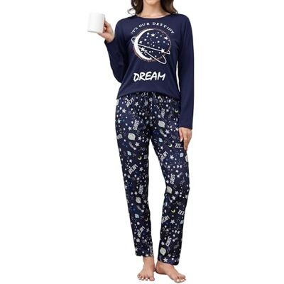 Reliwel Pyjama voor dames, katoen, bedrukt, loungewear, T-shirt met lange mouwen, borstzak en pyjamabroek, ronde hals, knuffelige pyjamaset, XL XL Reliwel Pyjama voor dames, katoen, bedrukt, loungewear, T-shirt met lange mouwen, borstzak en pyjamabroek, ronde hals, knuffelige pyjamaset, XL XL