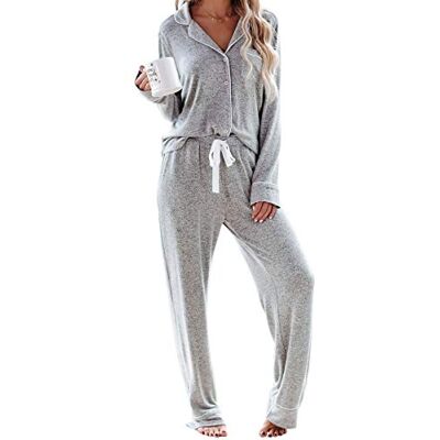 Aamikast Lange damespyjama met knoopsluiting, 2-delig, Lichtgrijs XXL Aamikast Lange damespyjama met knoopsluiting, 2-delig, Lichtgrijs XXL