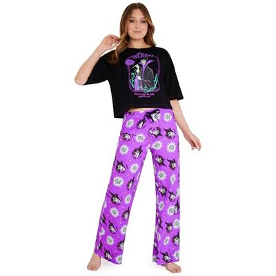 Disney Lange pyjamaset van ademend katoen voor dames, Zwart/Paars XL Disney Lange pyjamaset van ademend katoen voor dames, Zwart/Paars XL