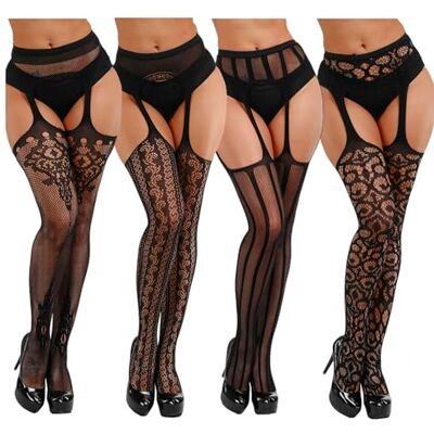 DRESHOW Sexy elastische panty's voor dames met hoge taille, visnetkousen, dijbeenhoge kousen, 4 paar One Size DRESHOW Sexy elastische panty's voor dames met hoge taille, visnetkousen, dijbeenhoge kousen, 4 paar One Size