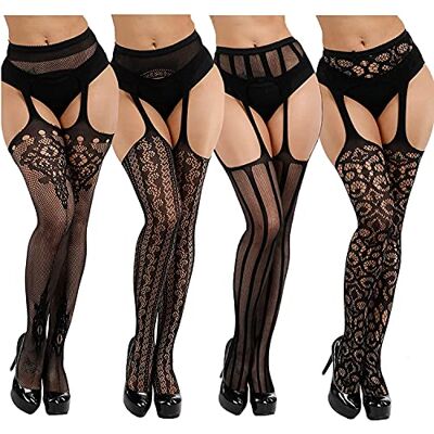 DRESHOW Sexy elastische panty's voor dames met hoge taille, visnetkousen, dijbeenhoge kousen, 4 paar Eén maat DRESHOW Sexy elastische panty's voor dames met hoge taille, visnetkousen, dijbeenhoge kousen, 4 paar Eén maat