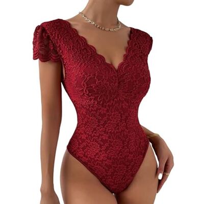 Haibang Kanten bodysuit dames sexy V-hals bodysuit top bloemen bodysuit blouse korte mouwen body onderjas elegant cami shirts T-shirt blouse clubwear, rood, XS XS Haibang Kanten bodysuit dames sexy V-hals bodysuit top bloemen bodysuit blouse korte mouwen body onderjas elegant cami shirts T-shirt blouse clubwear, rood, XS XS