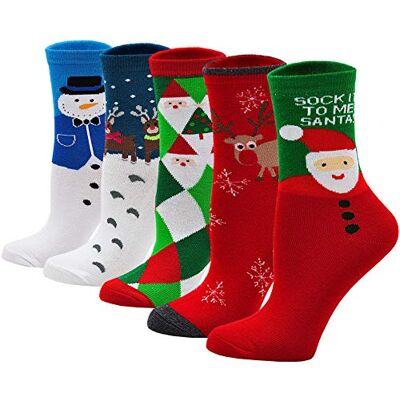 PUTUO Fantasiesokken voor dames, kerstcadeau: zachte katoenen sokken voor dames, grappig, grappig motief, 36-41, 5 paar, Veelkleurig 36-41 PUTUO Fantasiesokken voor dames, kerstcadeau: zachte katoenen sokken voor dames, grappig, grappig motief, 36-41, 5 paar, Veelkleurig 36-41