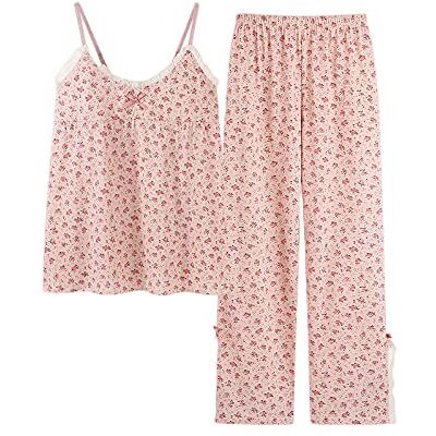 ACLCSHM Sexy korte zomerpyjamaset, ademend, tweedelig, schattig, roze, bloemen, kant, top en broek, loungewear ACLCSHM Sexy korte zomerpyjamaset, ademend, tweedelig, schattig, roze, bloemen, kant, top en broek, loungewear