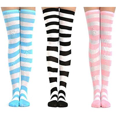 linjinde 3 paar kniekousen, schattige gestreepte set voor dames, tienermeisjes, Kawaii, kleurrijk, roze, wit, overknee, lange kousen, strepen, geringeld, hoge sokken, thigh hoge sokken voor cosplay, carnaval (blauw, roze, zwart) linjinde 3 paar kniekousen, schattige gestreepte set voor dames, tienermeisjes, Kawaii, kleurrijk, roze, wit, overknee, lange kousen, strepen, geringeld, hoge sokken, thigh hoge sokken voor cosplay, carnaval (blauw, roze, zwart)