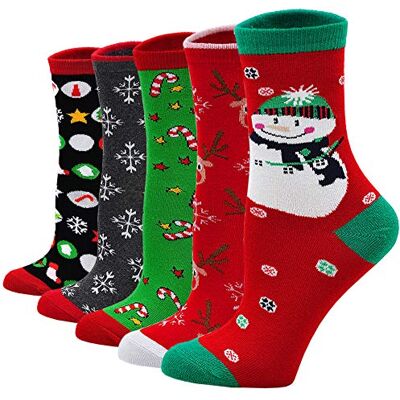PUTUO Fantasiesokken voor dames, kerstcadeau: zachte katoenen sokken voor dames, grappig, grappig motief, 36-41, 5 paar, Veelkleurig 36-41 PUTUO Fantasiesokken voor dames, kerstcadeau: zachte katoenen sokken voor dames, grappig, grappig motief, 36-41, 5 paar, Veelkleurig 36-41