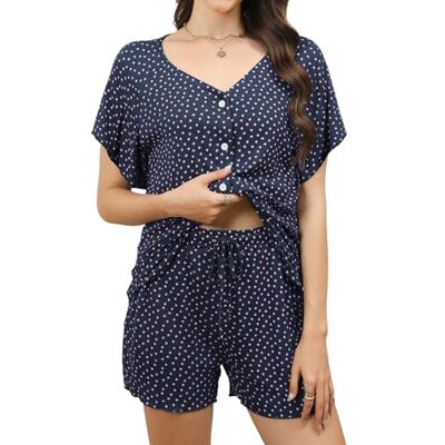 Reliwel Pyjama voor dames, katoen, shorts, pyjamaset voor dames, knoopsluiting, vooraan, korte nachtkleding, set, pyjama, zomer, V-hals, korte mouwen, bedrukt, S-XXL, Navy Blauw XXL Reliwel Pyjama voor dames, katoen, shorts, pyjamaset voor dames, knoopsluiting, vooraan, korte nachtkleding, set, pyjama, zomer, V-hals, korte mouwen, bedrukt, S-XXL, Navy Blauw XXL