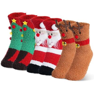 GEKMOR 3 paar pluizige kerstsokken Kerstsokken voor dames Pluizige sokken Warme kleurrijke wintersokken met kerstman, eland en kerstboom GEKMOR 3 paar pluizige kerstsokken Kerstsokken voor dames Pluizige sokken Warme kleurrijke wintersokken met kerstman, eland en kerstboom