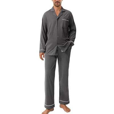 DAVID ARCHY Pyjamabroek voor heren, lang en kort, met gulp, katoenen pyjamabroek met zakken en band, nachtkleding met knoopsluiting, comfortabel, Set A: Donkergrijs, XL XL DAVID ARCHY Pyjamabroek voor heren, lang en kort, met gulp, katoenen pyjamabroek met zakken en band, nachtkleding met knoopsluiting, comfortabel, Set A: Donkergrijs, XL XL