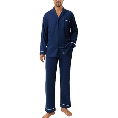 DAVID ARCHY Pyjamabroek voor heren, lang en kort, met gulp, katoenen pyjamabroek met zakken en band, nachtkleding met knoopsluiting, comfortabel, Set A: Marineblauw, XL XL DAVID ARCHY Pyjamabroek voor heren, lang en kort, met gulp, katoenen pyjamabroek met zakken en band, nachtkleding met knoopsluiting, comfortabel, Set A: Marineblauw, XL XL