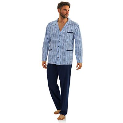 sesto senso Pyjama voor heren, met knopen en lange mouwen, katoen, T-shirt – motief blauw en wit; pyjamabroek – donkerblauw XXL sesto senso Pyjama voor heren, met knopen en lange mouwen, katoen, T-shirt – motief blauw en wit; pyjamabroek – donkerblauw XXL