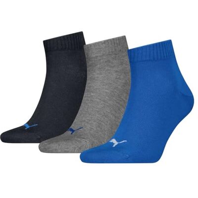 Puma Uniseks quarter effen sokken (3 stuks), Blauw/Grijs Mix 39-42 Puma Uniseks quarter effen sokken (3 stuks), Blauw/Grijs Mix 39-42