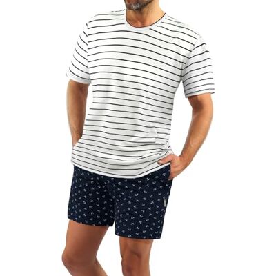 sesto senso Pyjama voor heren, kort, katoen, set T-shirt, shorts, korte mouwen, zomer, T-shirt witte strepen; korte broek donkerblauw anker, XXL XXL sesto senso Pyjama voor heren, kort, katoen, set T-shirt, shorts, korte mouwen, zomer, T-shirt witte strepen; korte broek donkerblauw anker, XXL XXL