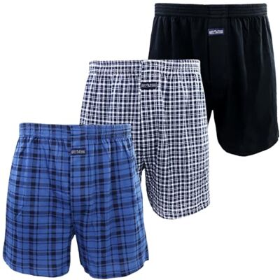 Kacouni Set van 3 boxershorts voor heren, 100% katoen, gebreid, losse pasvorm, zacht en ademend, boxershorts voor heren, maat M-3XL, Mix01 (zwart/blauw rooster) XXL Kacouni Set van 3 boxershorts voor heren, 100% katoen, gebreid, losse pasvorm, zacht en ademend, boxershorts voor heren, maat M-3XL, Mix01 (zwart/blauw rooster) XXL