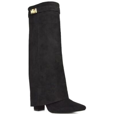 ESSEX GLAM Dameslaarzen met revers, kunstleer, vierkante hak, spitse teen, overknee laarzen, zwart, maat 36-42, zwart/imitatiesuède, 41 EU 41 EU ESSEX GLAM Dameslaarzen met revers, kunstleer, vierkante hak, spitse teen, overknee laarzen, zwart, maat 36-42, zwart/imitatiesuède, 41 EU 41 EU