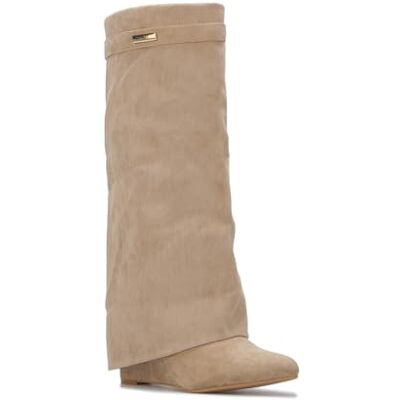 La Modeuse Sleehakken met revers en dunne riem aan de bovenkant van de schacht, Taupe, 39 EU 39 EU La Modeuse Sleehakken met revers en dunne riem aan de bovenkant van de schacht, Taupe, 39 EU 39 EU