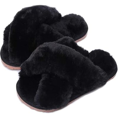 Hitopteu Pantoffels voor dames, winter, pluche, bont, warme pantoffels voor thuis, open teen, slippers, zwart. 37/38 EU Hitopteu Pantoffels voor dames, winter, pluche, bont, warme pantoffels voor thuis, open teen, slippers, zwart. 37/38 EU