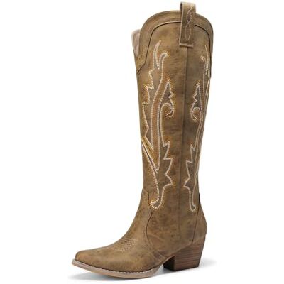 DREAM PAIRS Comfortabele cowboylaarzen met ritssluiting aan de zijkant en geborduurde dikke hak voor dames, retro cowgirl-laarzen voor themafeest, landconcert, Lichtbruin 41 EU DREAM PAIRS Comfortabele cowboylaarzen met ritssluiting aan de zijkant en geborduurde dikke hak voor dames, retro cowgirl-laarzen voor themafeest, landconcert, Lichtbruin 41 EU