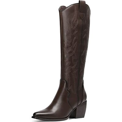 DREAM PAIRS Cowboylaarzen voor dames, comfortabele slip-on rits, dikke hak, spitse teen, geborduurd, western cowgirl hoge laarzen, bruin/pu, 39 EU 39 EU DREAM PAIRS Cowboylaarzen voor dames, comfortabele slip-on rits, dikke hak, spitse teen, geborduurd, western cowgirl hoge laarzen, bruin/pu, 39 EU 39 EU