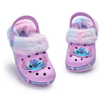 Disney Lilo & Stitch Girls Clogs Rubberen instappers voor kinderen met Stitch karakterbedel in paars Met bont gevoerde sandalen voor kinderen met hielriem en bloemenprint, 33 EU Disney Lilo & Stitch Girls Clogs Rubberen instappers voor kinderen met Stitch karakterbedel in paars Met bont gevoerde sandalen voor kinderen met hielriem en bloemenprint, 33 EU