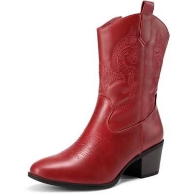 DREAM PAIRS Westernlaarzen voor dames, halfhoge kuitlaarzen, cowboylaarzen met puntige teen en sleehak met borduurwerk, Rood 36.5 EU DREAM PAIRS Westernlaarzen voor dames, halfhoge kuitlaarzen, cowboylaarzen met puntige teen en sleehak met borduurwerk, Rood 36.5 EU