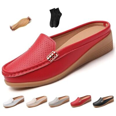 POIOZXD Platte leren instappers voor dames, comfortabel en ademend, gesloten teen, open rug, brede sandalen, zacht echt leer, Rood 42.5 EU large POIOZXD Platte leren instappers voor dames, comfortabel en ademend, gesloten teen, open rug, brede sandalen, zacht echt leer, Rood 42.5 EU large